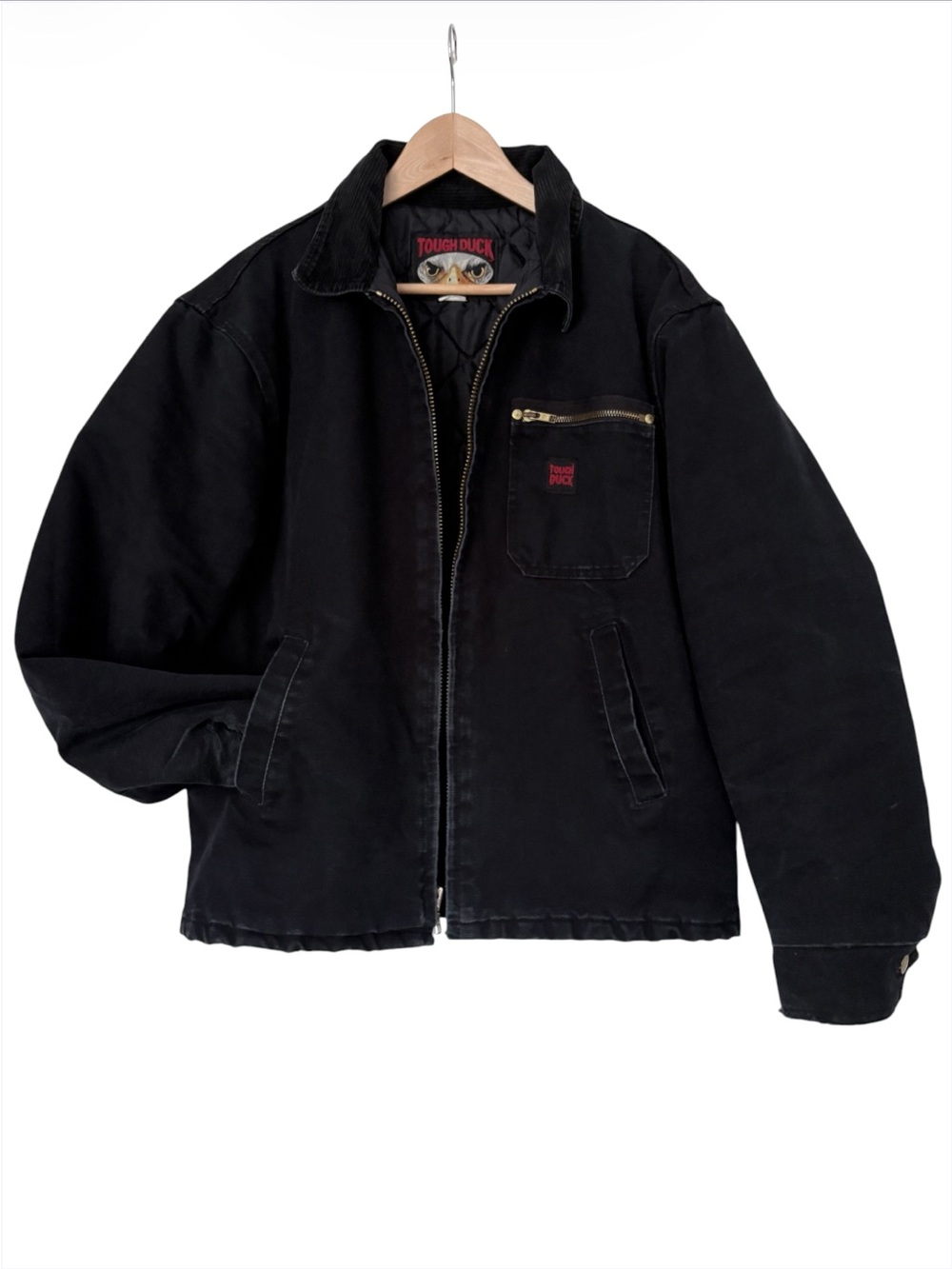 VTG Tough Duck Chore Jacket Workwear Black Canvas Quilted Corduroy Collar Logo M